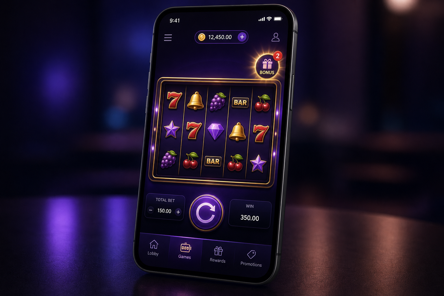 Smartphone mit Slot-Oberfläche und Bonus-Hinweis, dunkles violettes UI