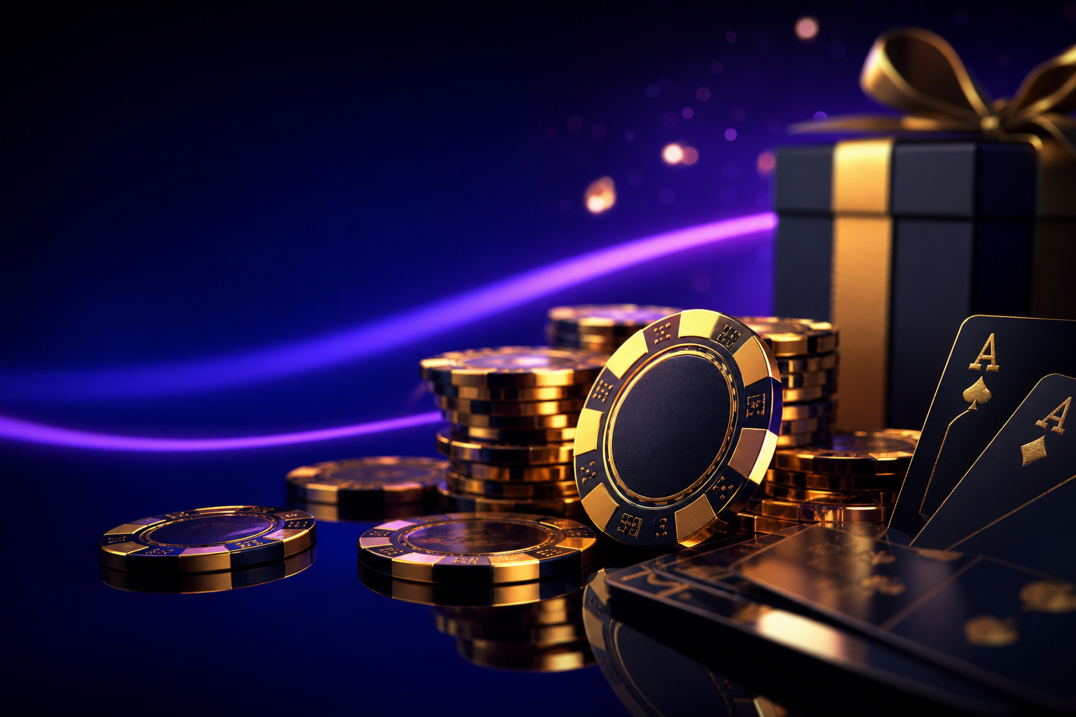 Stimmungsbild: Willkommensbonus und Casino-Chips in violett-goldenem Licht